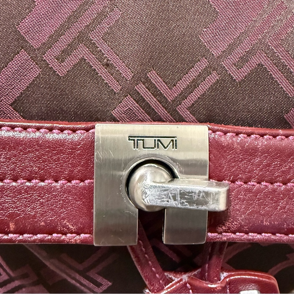 Tumi Burgundy Monogram Nylon Backpack Tote Leather Trim Travel Bag Medium - Picture 6 of 13